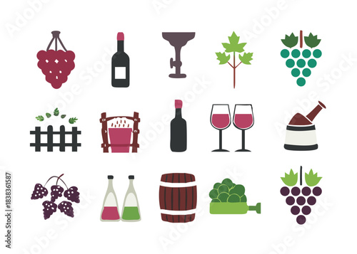 Wine and Vineyard Solid Icon Set. Essential Winemaking Symbols Collection. Grape, Vineyard, Wine Glass, Barrel, Corkscrew, Bottle, Harvest Basket, Farming, Agriculture, Transparent Background .vector 