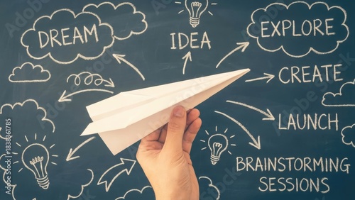 Hand launches paper airplane across chalkboard mapping out a dynamic business journey from dream to launch
