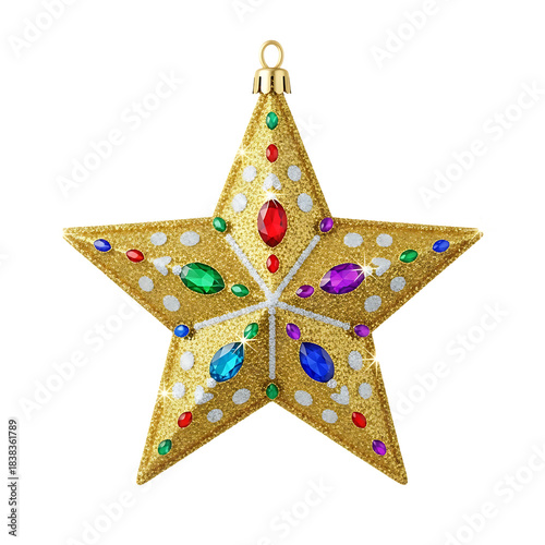 Sparkling golden Christmas star ornament decorated with colorful gemstones and glitter for festive holiday celebrations