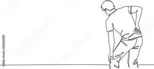 continuous line drawing of man suffering from backpain, line art vector illustration