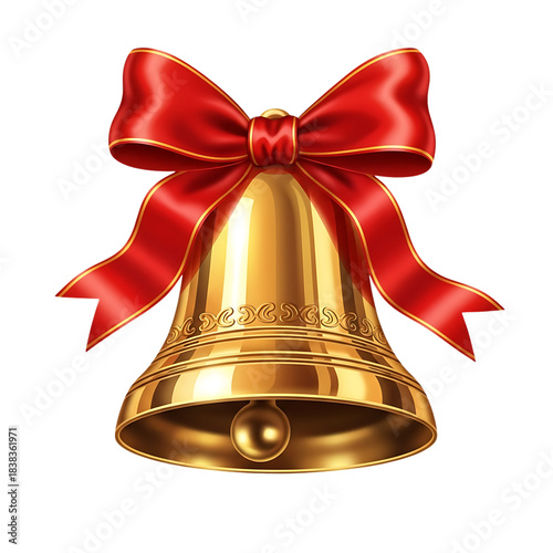 Shiny golden bell decorated with a festive bright red satin ribbon bow and ornate details ready for celebration