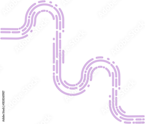 Marked neon dashed strokes outline an irregular flow route shaped by smooth glowing curves.