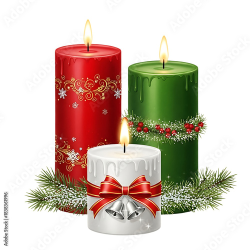Three decorative Christmas holiday candles glowing brightly with festive winter adornments and natural pine branches