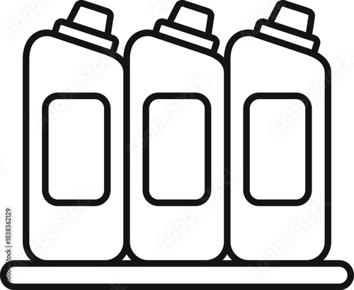 Line art drawing showing three household cleaning liquid bottles on a shelf