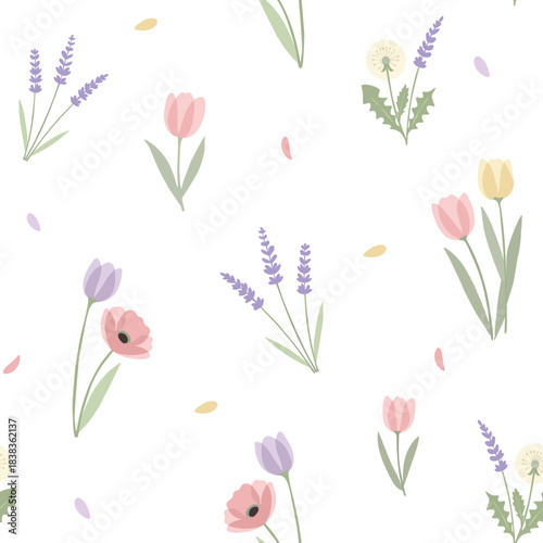 Patron sin Costuras de Flores Silvestres Tiernas Dientes de Leon, Lavandas y Tulipanes 