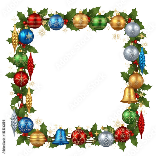 Vibrant Christmas holiday frame border with festive ornaments holly and snowflakes creating a decorative seasonal design