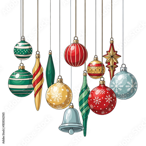 Vibrant and festive Christmas holiday ornaments with a variety of colorful patterns hanging for seasonal decoration