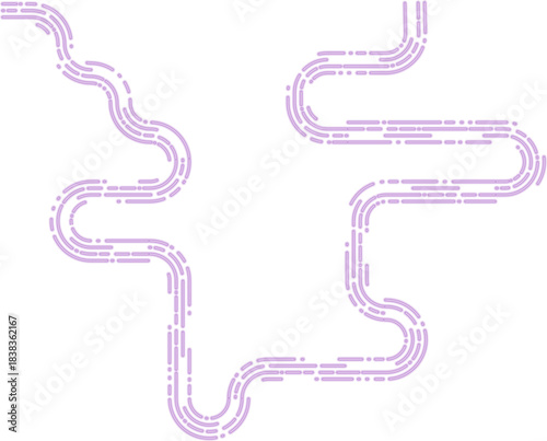 Linked neon dashed marks form an irregular path connected by glowing curving strokes.