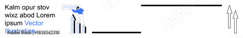 Business strategy, growth trends, financial analysis, market progress, economic success, statistical forecasting. A person reviews data beside a rising bar chart and upward arrows. Business growth