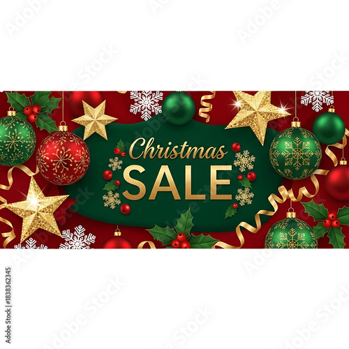 Vibrant Christmas Sale banner design featuring festive ornaments golden stars and holiday season decorations for promotional offers