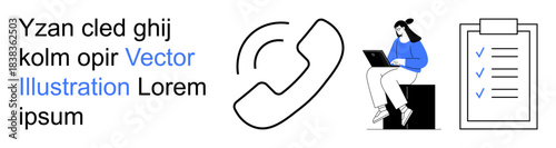 Communication, productivity, task management, digital work, remote interaction, workplace efficiency. Person with laptop and checklist. Communication and productivity illustrated