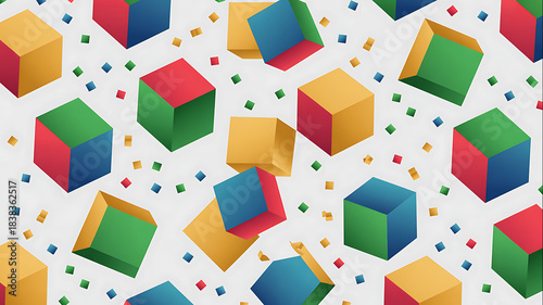 Colorful Geometric Cubes and Confetti Abstract Seamless Pattern Background Design