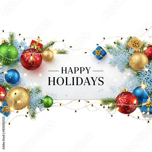 Vibrant Happy Holidays banner decorated with colorful Christmas baubles delicate snowflakes and twinkling lights for festive design projects