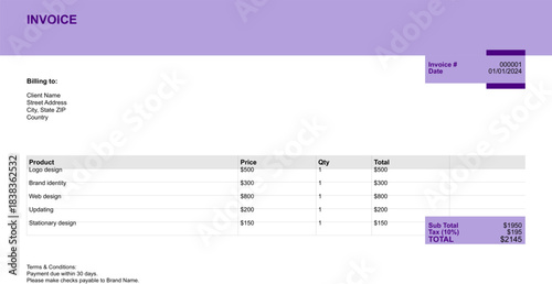 Modern Purple Business Invoice Template Vector with Clean Minimalist Layout