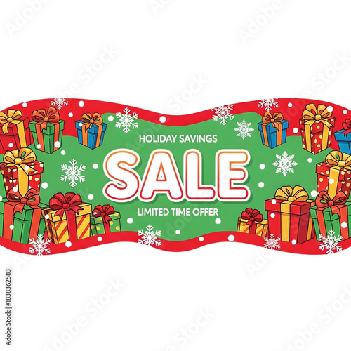 Vibrant holiday savings sale banner with colorful wrapped gift boxes and decorative snowflakes for festive shopping promotions