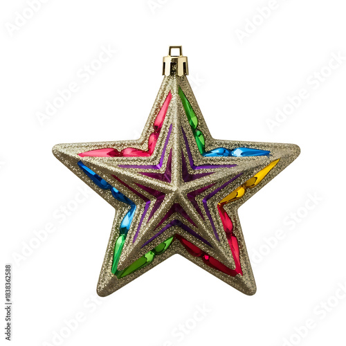 Vibrant glittery Christmas star ornament showcasing festive multicolored details for holiday celebration decoration