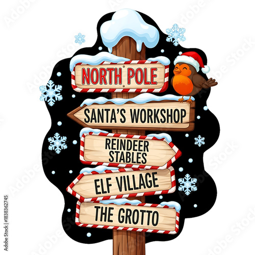 Whimsical snowy North Pole signpost pointing to Santas magical Christmas workshop and elf village with a cute robin