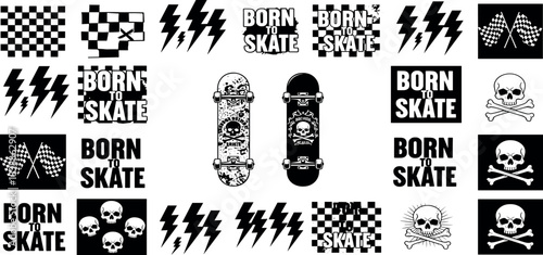 Skateboarding Culture Graphics Set with Skulls Checkered Flags and Born to Skate Slogans.