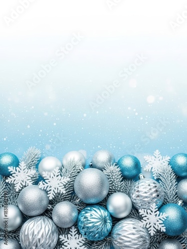 Silver and blue ornaments on bottom, snowy sky gradient for message above
