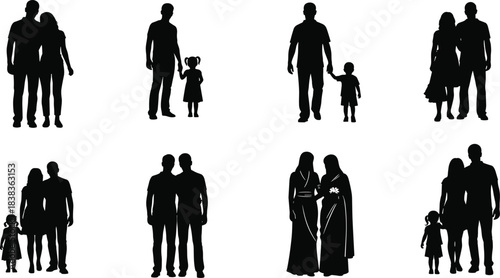 PrintFamily Silhouette Set, Diverse Group Icons, Inclusive Relationship Figures, Modern Family Composition, Flat Vector Illustration, Isolated Graphic Elements