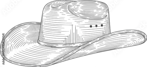 A vintage-style illustration of a classic cowboy hat with a wide brim and creased crown, rendered in a detailed line art technique