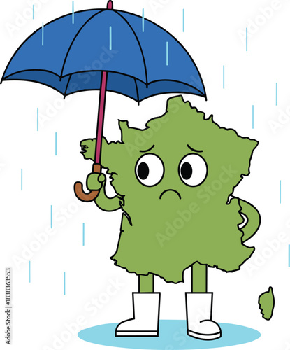 Sad Cartoon Map of France Standing in Rain with Umbrella and Boots Representing Wet Weather, Climate, Travel Concerns, and European Financial Downturn Vector.