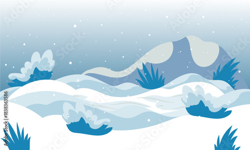 Winter snowscape with frosted bushes and distant hills under a soft snowfall, serene and tranquil natural landscape illustration for seasonal designs