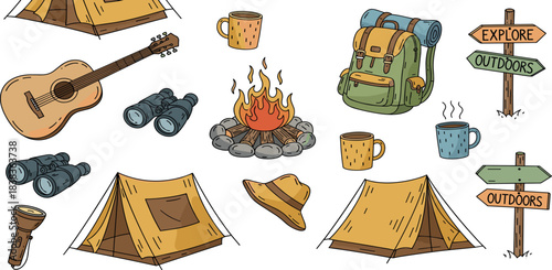 Camping and Outdoors Adventure Gear Illustration Tents, Guitar, Binoculars, Backpack, Campfire, and Signposts