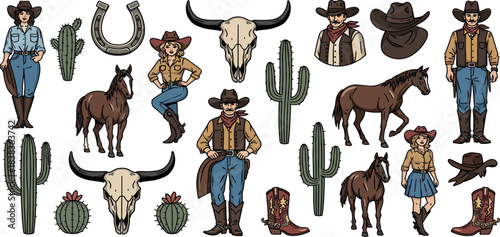 Western cowboy and cowgirl illustrations with horses, skulls, and cacti, evoking the spirit of the Wild West