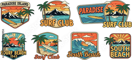 Collection of vintage retro surf club and beach resort emblems, perfect for summer vacation graphics and tropical island adventures. Hand-drawn style patches for a nostalgic feel