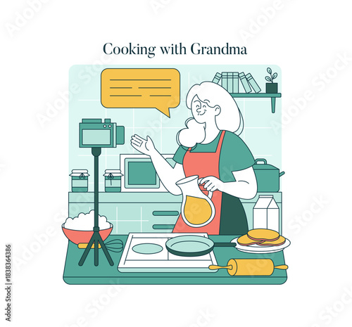 Grandma Cooking in Kitchen Vector Illustration