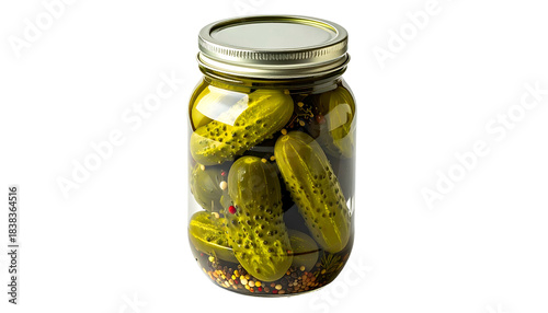 Close-up of a glass jar filled with pickles in brine, set against a black backdrop