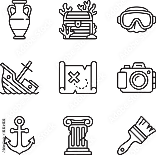 Ancient underwater shipwreck adventure with diving mask, treasure chest and amphora vector illustration