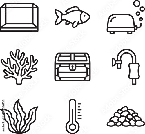 Aquarium line icons set fish tank elements coral seaweed thermometer air pump rocks treasure