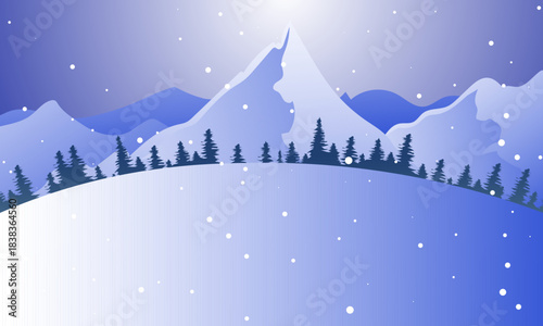 A picturesque minimalistic winter illustration showcasing snow-dusted mountains, frosty evergreen trees, and gentle falling snowflakes, perfect for serene seasonal themes