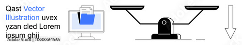 File organization, digital workflows, data transfer, document management, equality, decision-making. A computer monitor with a file icon, scales and a downward arrow. File organization and digital