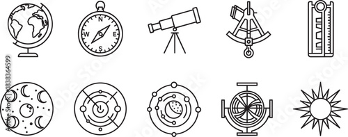 Astronomy navigation line icons earth globe compass telescope sextant armillary sphere sun