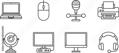 Computer hardware and peripherals line art vector icons: laptop, mouse, microphone, printer, webcam, desktop computer, monitor, headphones