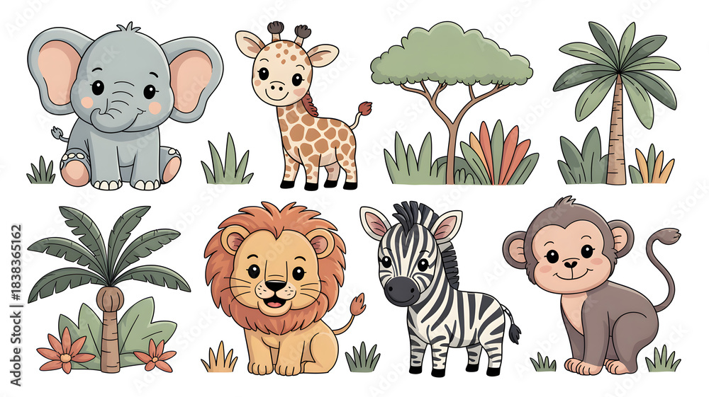 Obraz premium Cute cartoon safari animals set for children's design