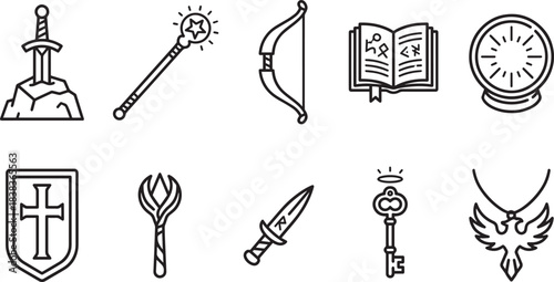 Fantasy sword and magic items with spell book, crystal ball and wizard staff vector illustration