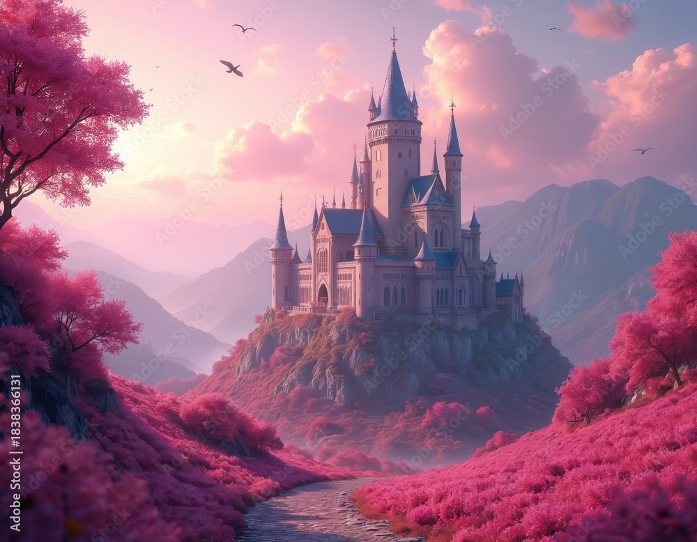 Fototapeta premium Majestic fantasy castle with tall towers sits on high hill. Vibrant pink landscape with rolling hills, flowers, trees, distant mountains stretches far. Dreamy sky with clouds, flying birds creates