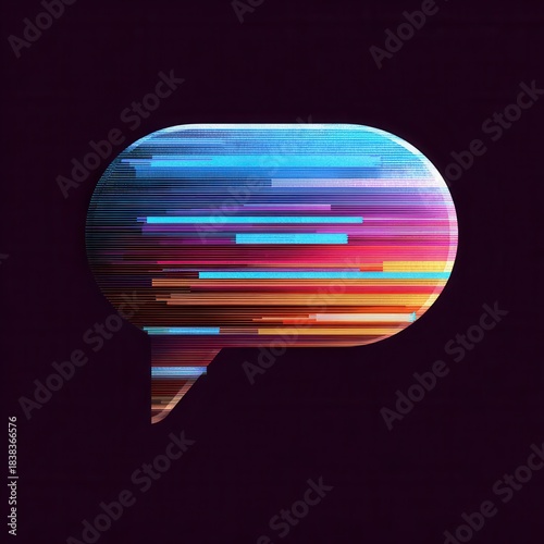 Digital Speech Bubble with Glitch Effect and Colorful Distortions on Dark Background