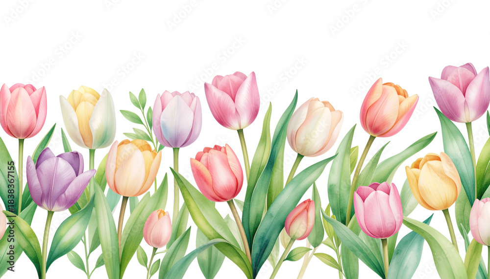 Obraz premium Springtime Floral Harmony: A vibrant and colorful array of tulips in full bloom. It radiates the joy and freshness of spring, with delicate petals in various pastel shades against a backdrop of green.