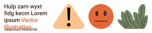 Safety, emotions, environment, caution, communication, design elements. A triangular warning sign, neutral face icon and leaves arrangement alongside placeholder text. Safety and emotions concept
