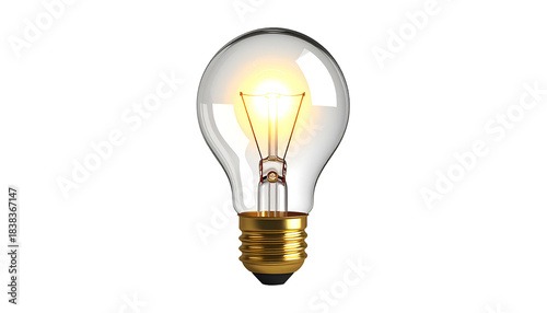 Isolated, lit incandescent bulb against black, golden base and glowing filament