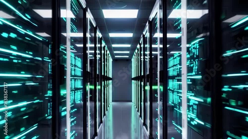 Cinematic view inside a modern data center with rows of glass server racks, blinking LEDs, cooling fans and flowing digital light patterns suggesting fast data transfer