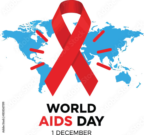 Global aids awareness red ribbon world map december first world aids day concept vector