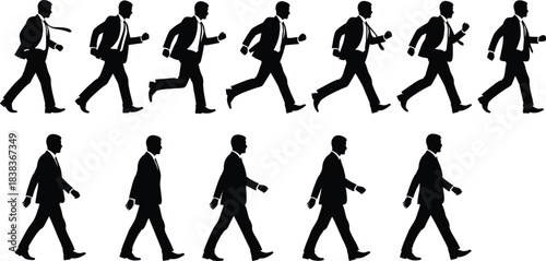 Businessman walking and running silhouette set, office worker movement poses, corporate professional rushing to work, business activity icons collection