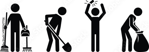 Cleaning and garbage collection worker icons, people sweeping, shoveling, throwing trash, cleaning tools, hygiene maintenance silhouettes for sanitation services.