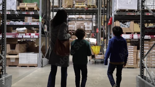 Woman with her two young sons navigating a vast retail warehouse filled with tall metal shelving units and numerous boxes, creating a shopping experience